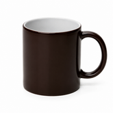 A dark brown ceramic mug with a matching dark brown handle and a light gray interior, shown on a plain white background.