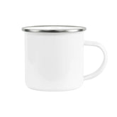 A white enamel camp mug with a silver metal rim and a matching white handle, shown against a plain white background.