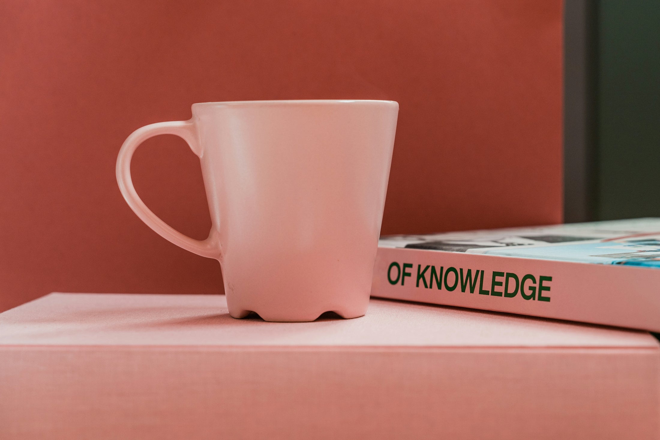 A pink ceramic mug resting on books against a pink background, illustrating wholesale pink sublimation drinkware blanks for breast cancer awareness fundraisers and charity merchandise