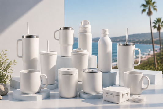 Range of white ORCA coated sublimation blanks including coffee mugs, travel mugs, and water bottles, sold wholesale by the case from Photo USA Corp.
