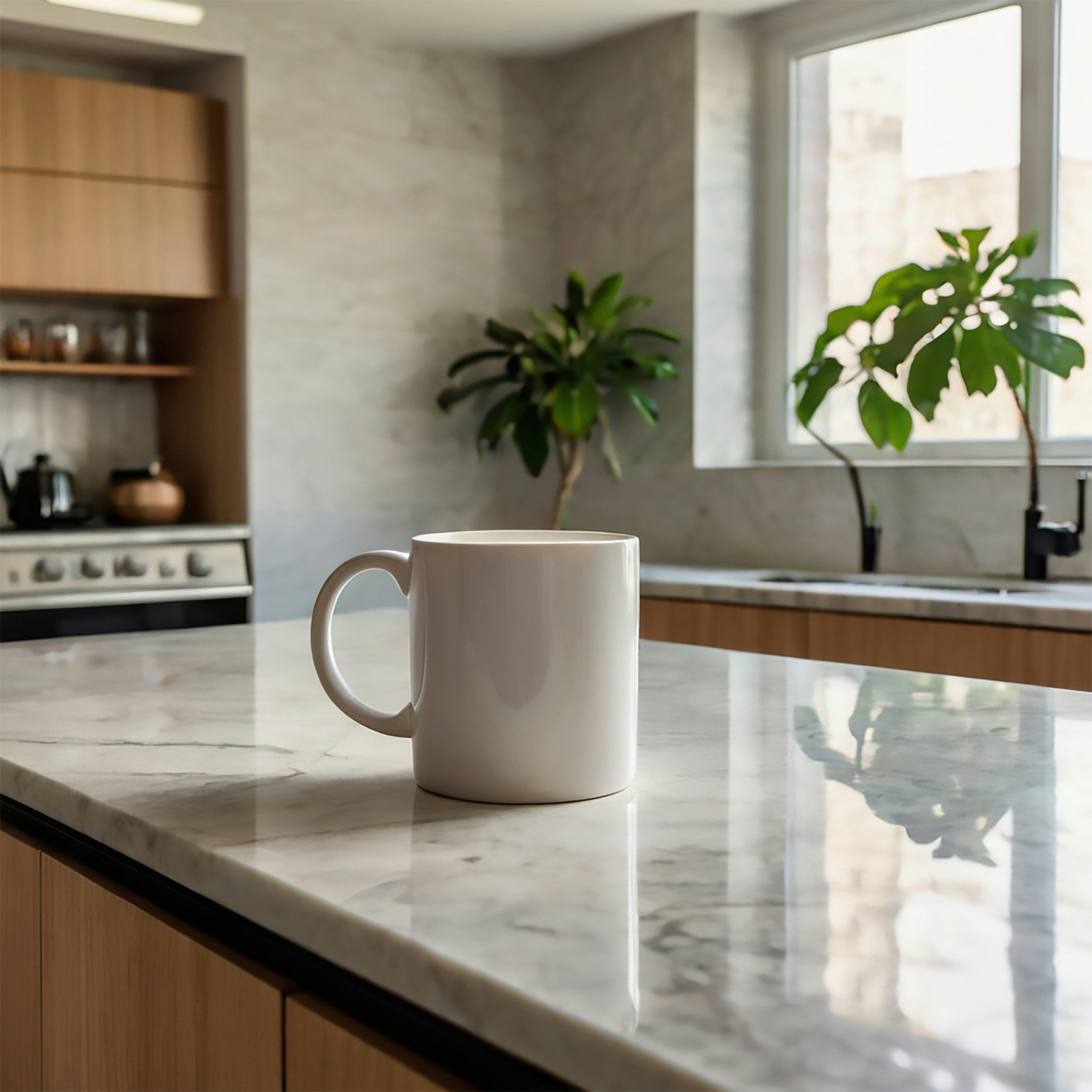 Plain white ceramic coffee mug on a marble kitchen counter, 11 oz vs 15 oz mug size guide