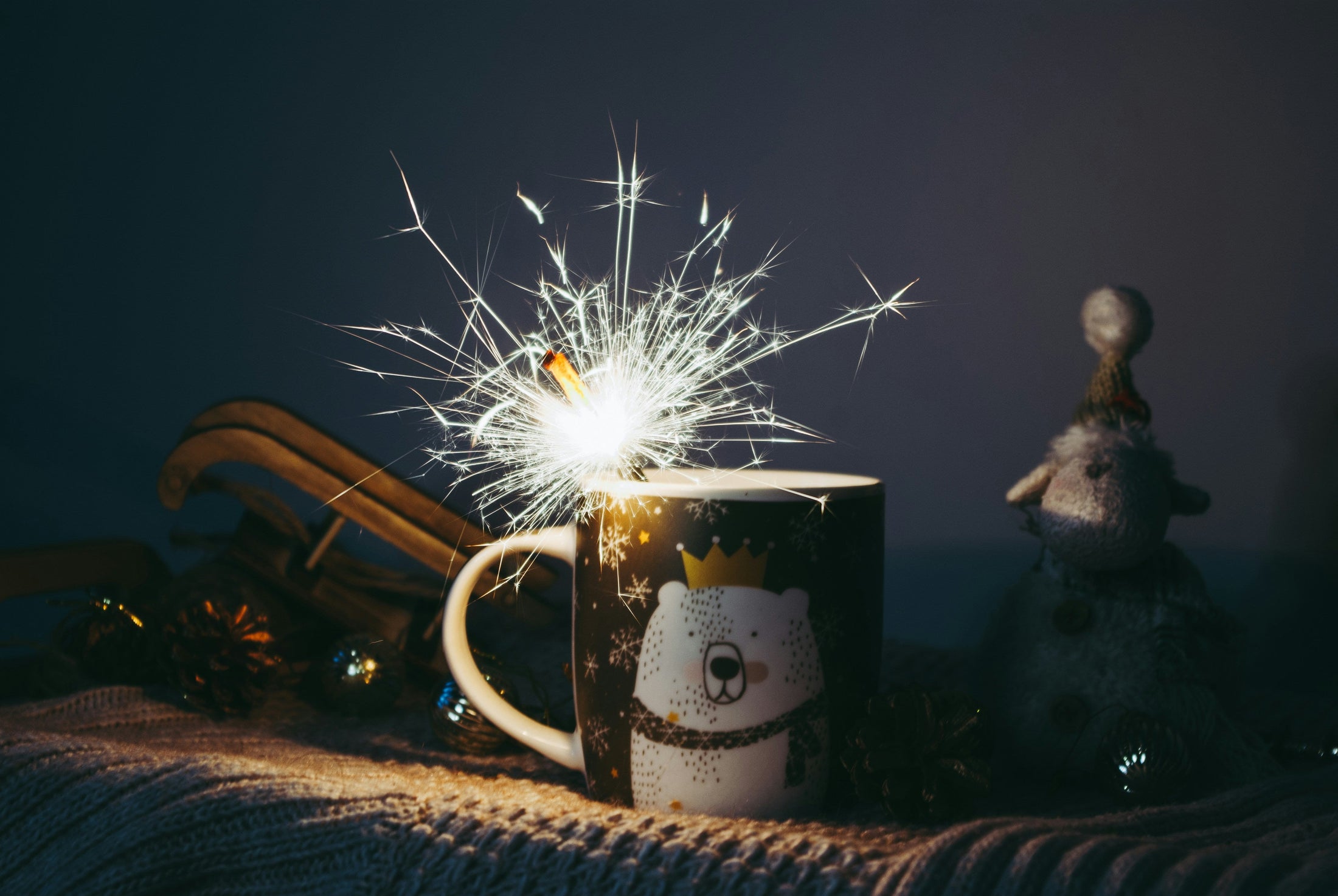 Festive Christmas mug with a polar bear design and a glowing sparkler, a maximalist holiday mug idea from Photo USA wholesale sublimation blanks