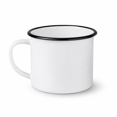 A classic white enamel mug with a black rim and a curved handle, shown on a clean white background.