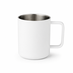 A white insulated mug with a stainless steel interior and a square handle, shown on a clean white background.