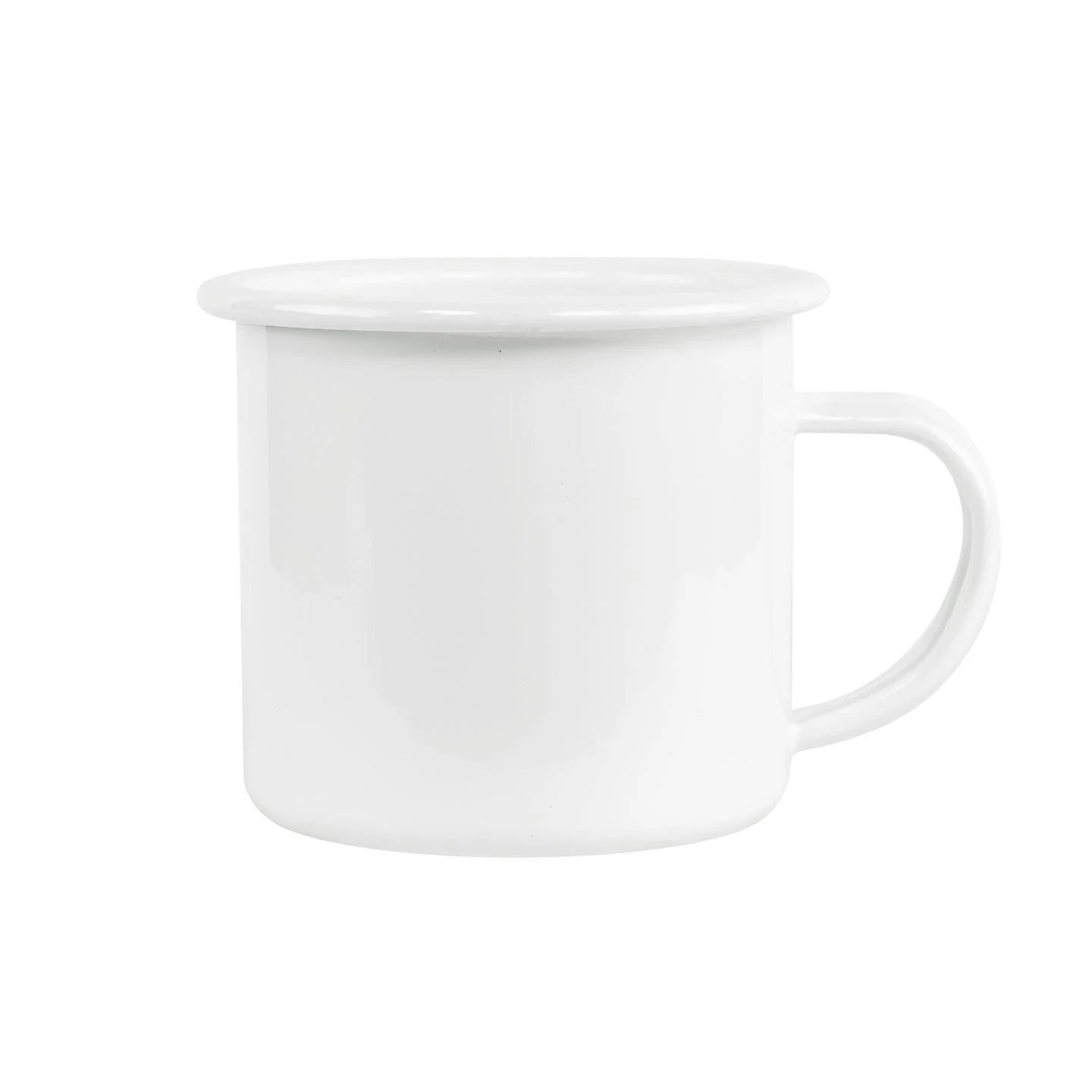 A plain white enamel-style mug with a rounded body and a C-shaped handle, shown on a clean white background.