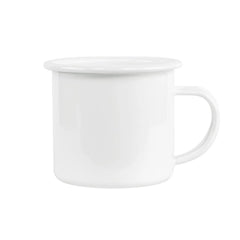 A plain white enamel-style mug with a rounded body and a C-shaped handle, shown on a clean white background.