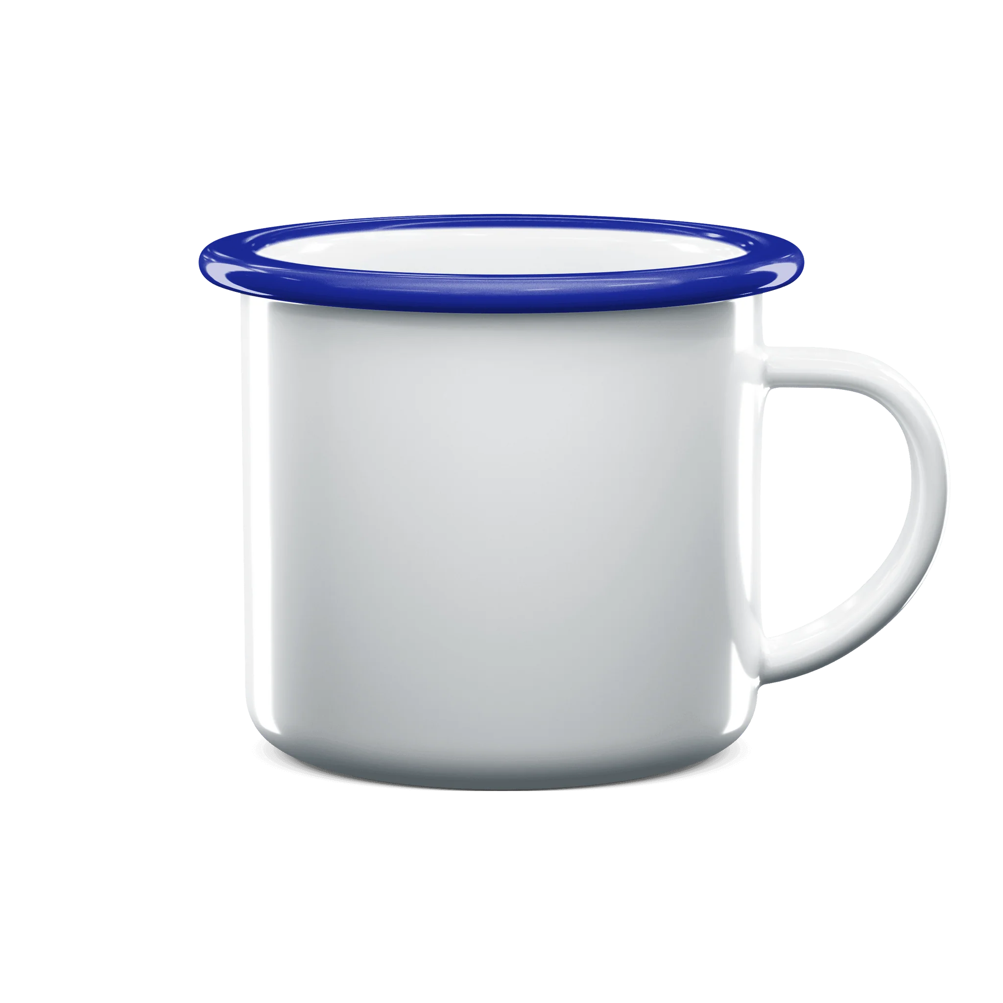A classic white enamel mug with a blue rim and a white handle, shown on a clean white background.