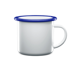 A classic white enamel mug with a blue rim and a white handle, shown on a clean white background.