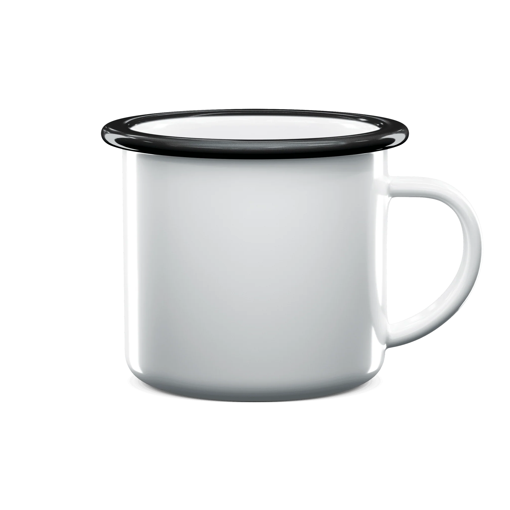 A classic white enamel camp mug with a black rim and a white handle, shown on a clean white background.