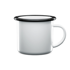 A classic white enamel camp mug with a black rim and a white handle, shown on a clean white background.