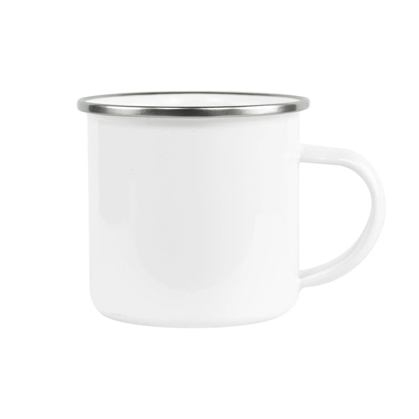 A white enamel camp mug with a silver metal rim and a matching white handle, shown against a plain white background.