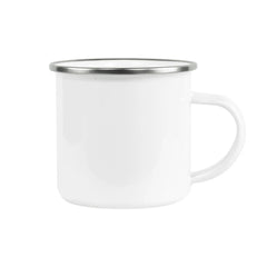 A white enamel camp mug with a silver metal rim and a matching white handle, shown against a plain white background.