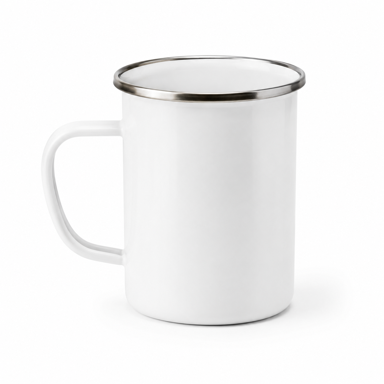 A classic white enamel camp mug with a silver metal rim and a curved handle, shown on a clean white background.