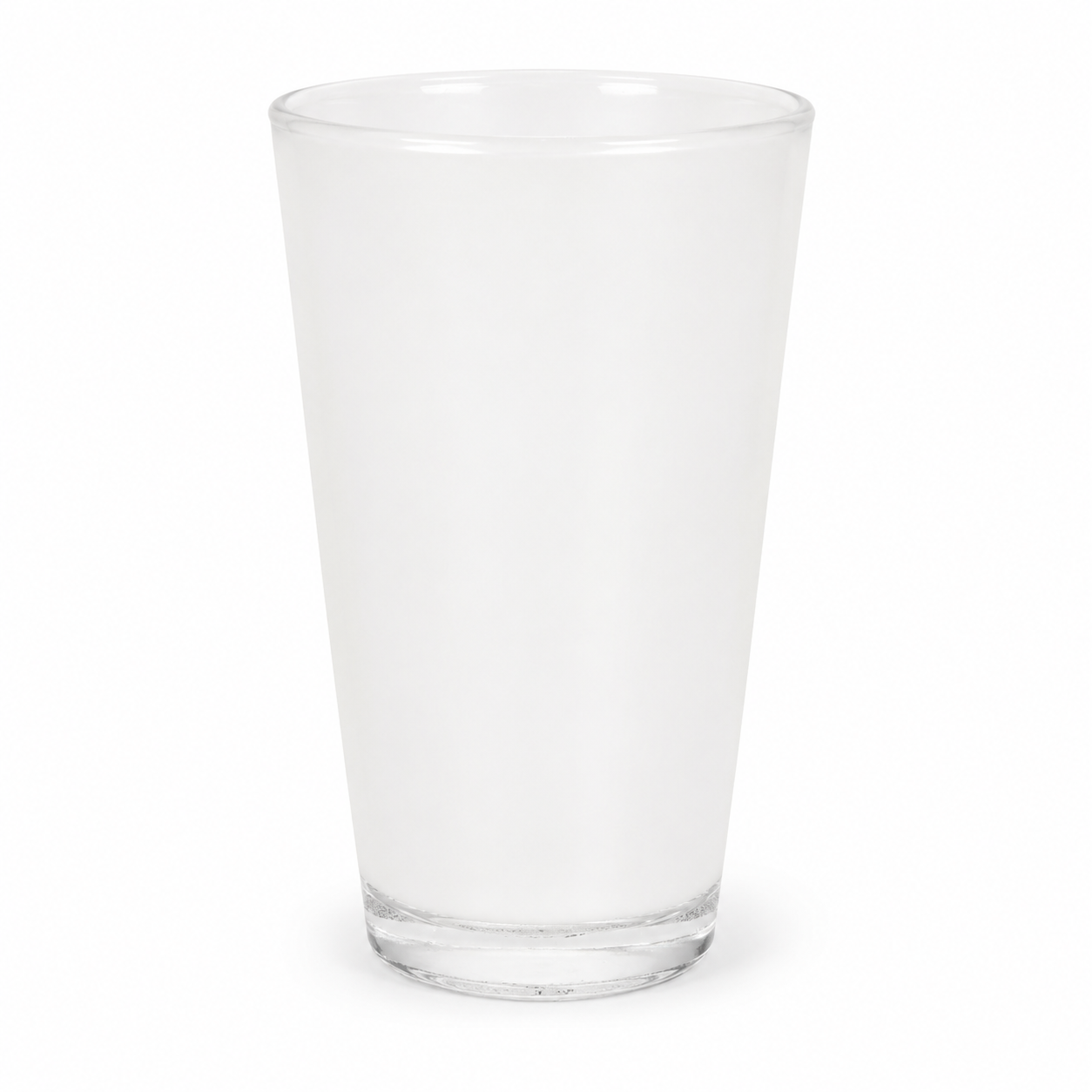 A clear, unbranded tall pint glass with a thick base, shown on a seamless white background.