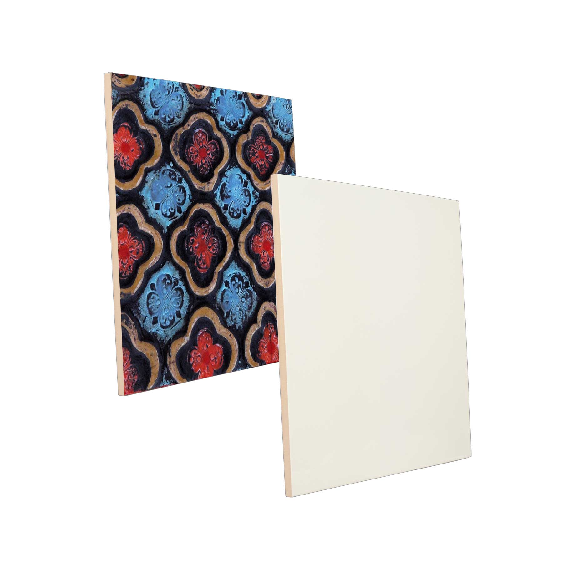 Two square panels shown on a white background: one with a decorative repeating medallion pattern in blue, red, black, and gold, and one plain off-white/cream panel.