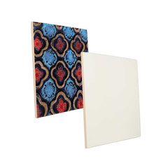Two square panels shown on a white background: one with a decorative repeating medallion pattern in blue, red, black, and gold, and one plain off-white/cream panel.