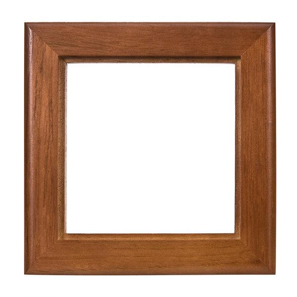 A square wooden picture frame with a warm medium-brown finish and visible wood grain, shown against a plain white background.