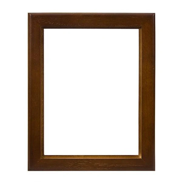 A square wooden picture frame with a medium brown finish and visible wood grain texture, shown empty against a solid white background.