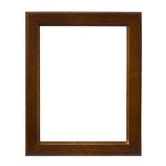 A square wooden picture frame with a medium brown finish and visible wood grain texture, shown empty against a solid white background.