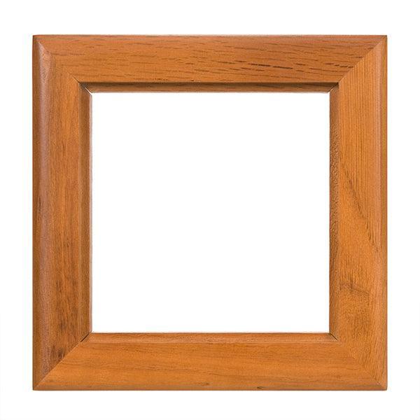 A square wooden picture frame with a warm medium-brown finish and visible wood grain, shown against a plain white background.