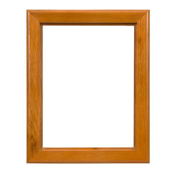 A rectangular wooden picture frame with a warm medium-brown finish and visible wood grain, shown against a plain white background.