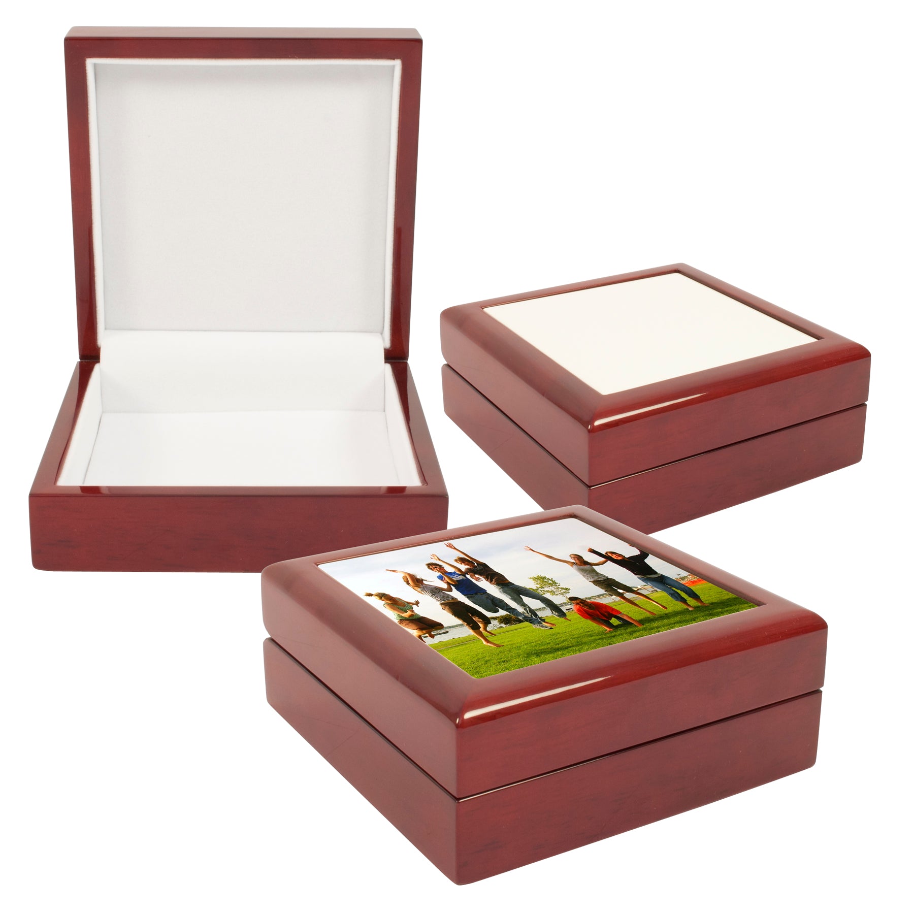 Three square wooden keepsake boxes with a glossy reddish-brown finish and white interior lining, shown on a white background. One box is open, one is closed showing a white insert, and one has a custom printed photo on the lid.