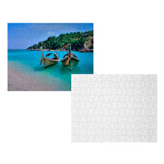 A jigsaw puzzle shown in two views on a white background: one partially assembled with a tropical beach scene featuring two longtail boats and turquoise water, and one blank white puzzle piece layout.

Details