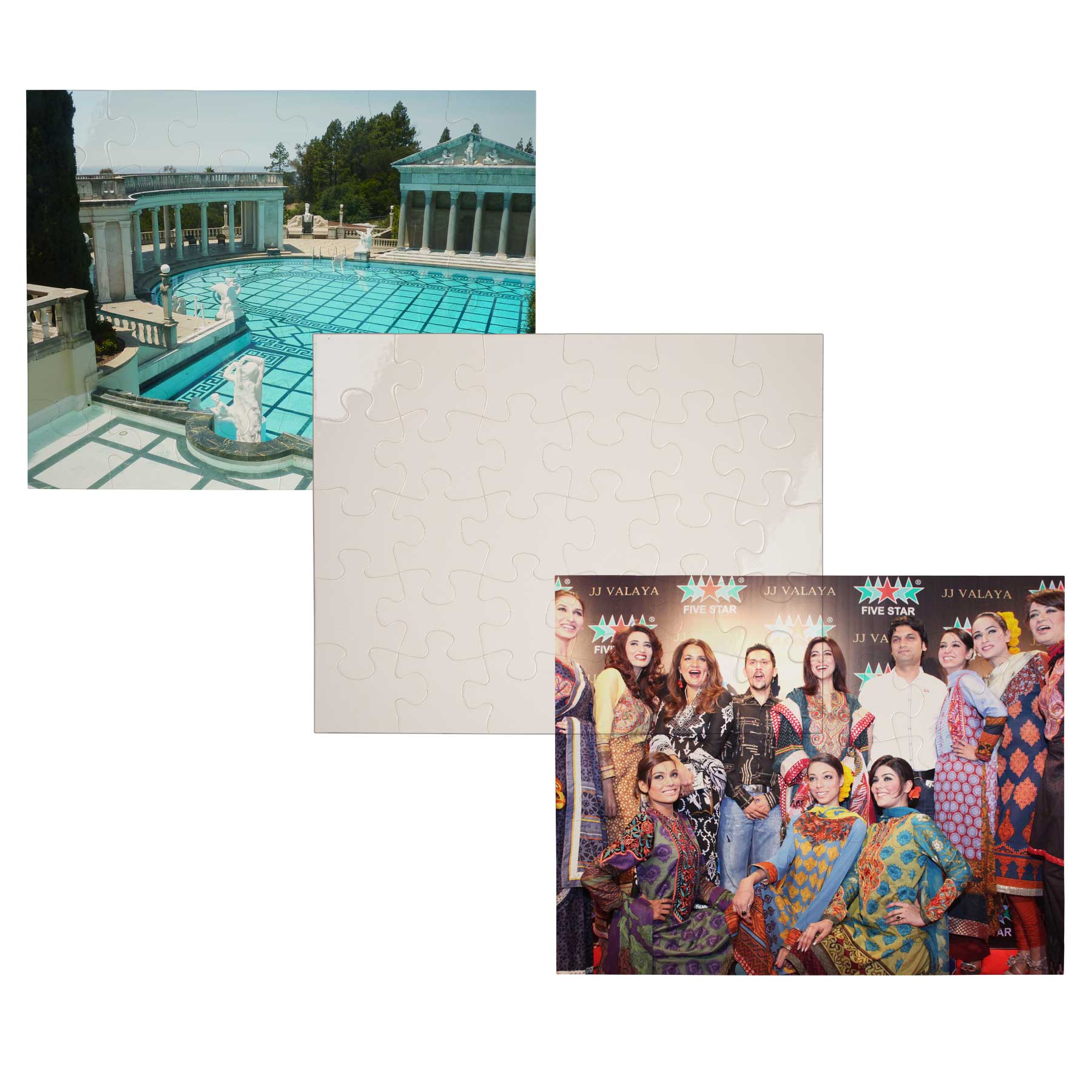 A collage showing a completed jigsaw puzzle with a photo of a poolside resort scene, an off-white puzzle piece backing, and another puzzle featuring a group of women in colorful traditional and patterned clothing, all on a plain white background.