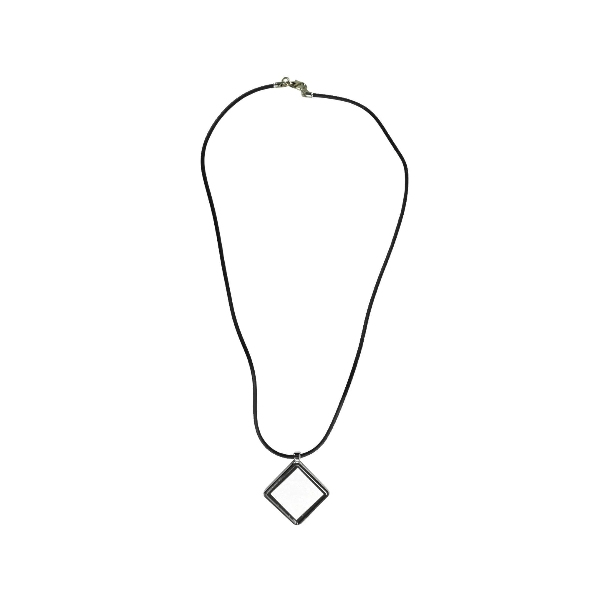A black cord necklace featuring a thin, open diamond-shaped pendant with a polished silver-toned border, displayed against a solid white background.