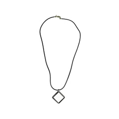 A black cord necklace featuring a thin, open diamond-shaped pendant with a polished silver-toned border, displayed against a solid white background.