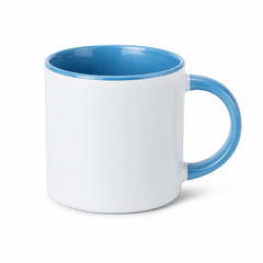 A ceramic mug with a white exterior and a blue interior, handle, and rim, shown on a plain white background.